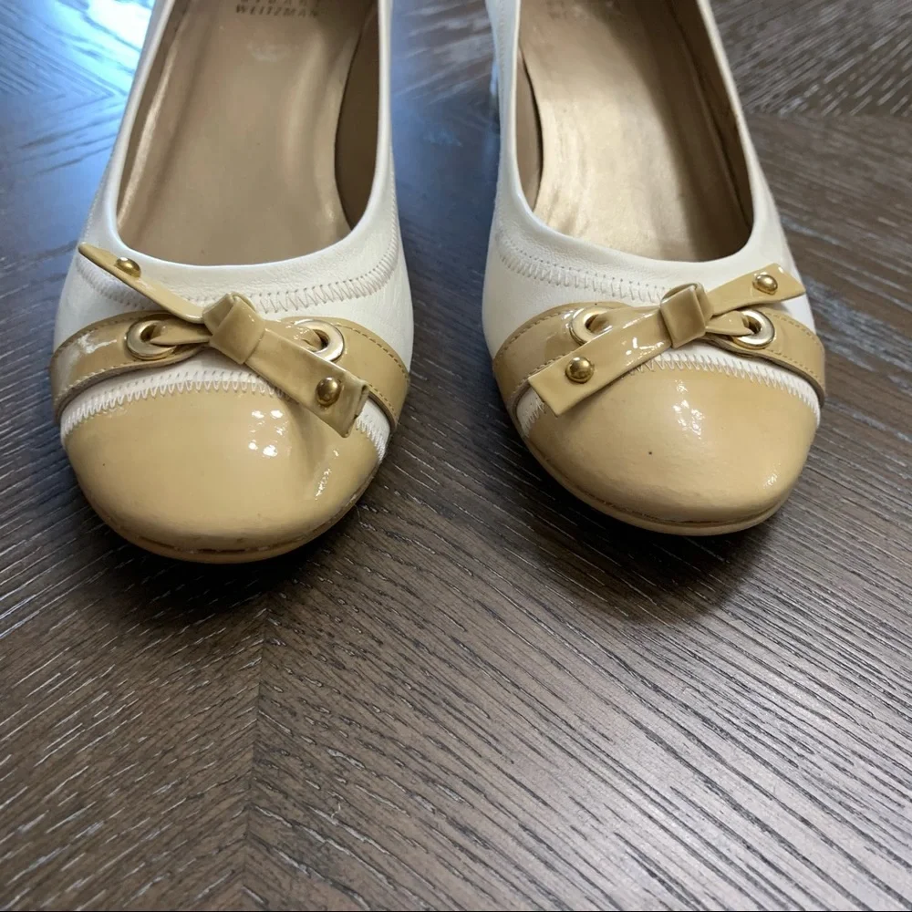Stuart Weitzman white leather & gold beige low chunk heel pump flat Size 7.5M